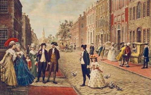 Aaron Burr, Alexander Hamilton and Philip Schuyler strolling on Wall Street, New York 1790