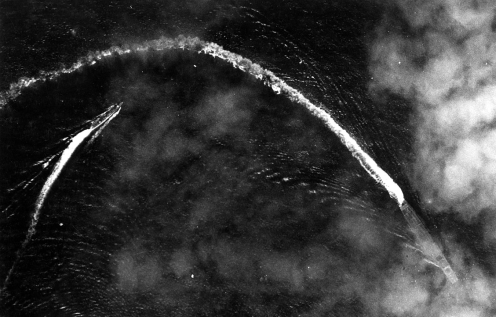 Aerial view of the Japanese aircraft carrier Akagi maneuvering on 4 June 1942 USAF 57576