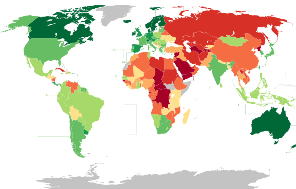 מדינות העולם בדירוג מדד הדמוקרטיה של האקונומיסט לשנת 2018   מקור: ויקיפדיה (וייפנג יאנג)