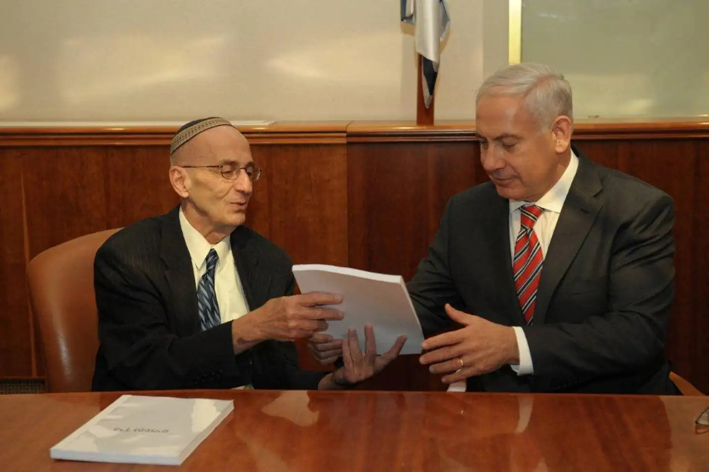 Edmund Levy giving the Report on the Legal Status of Building in Judea and Samaria to Prime Minister Binyamin Netanyahu Amos Ben Gershom