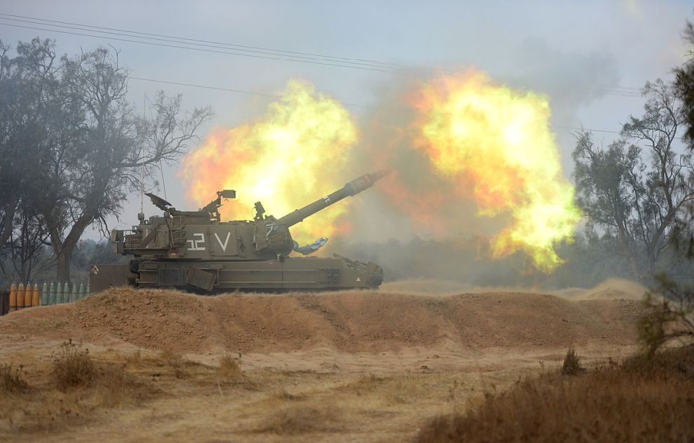 IDF M 109 howitzer gun firing during Operation Protective Edge