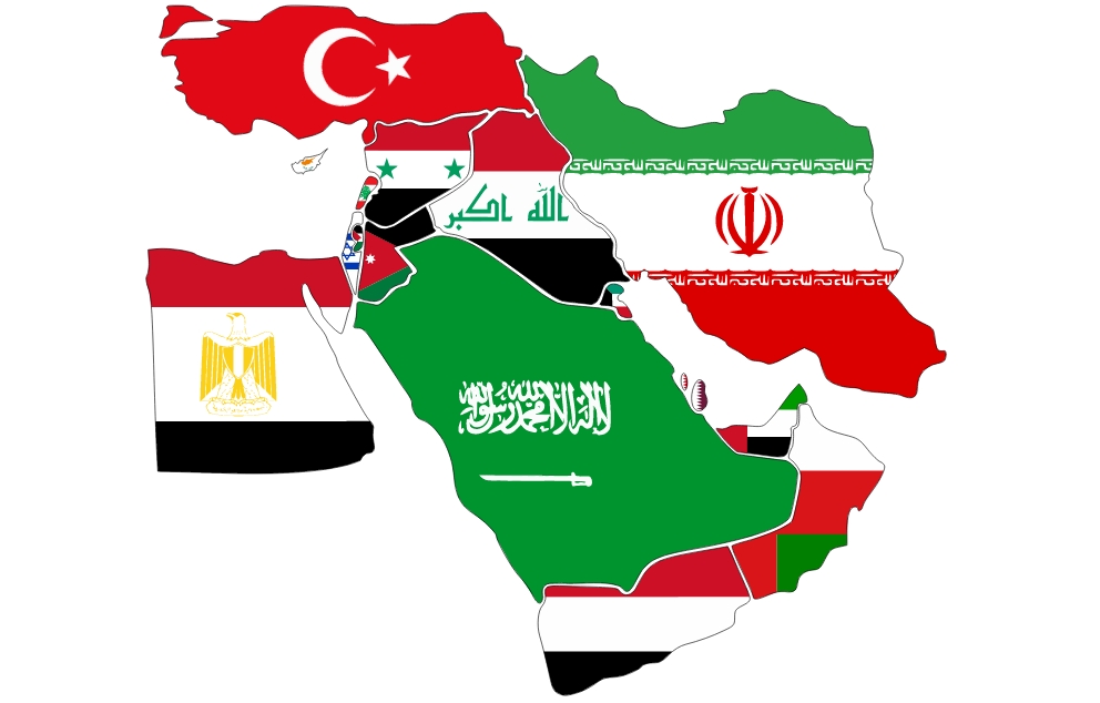 מפת המזרח התיכון לפי דגלי מדינות   מקור: ויקיפדיה (טרקס)