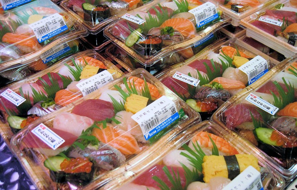 Nigiri sushi for sale at a supermarket in Tokyo Michael Maggs
