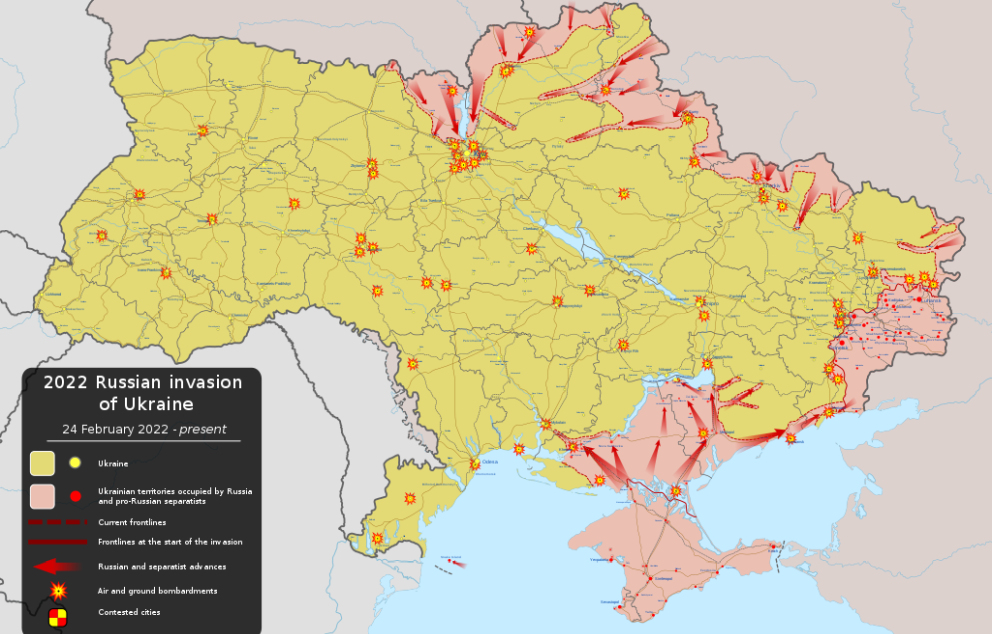 התקדמות הפלישה הרוסית עד 1 במרץ 2022   מקור: ויקיפדיה (ויוסרידג')