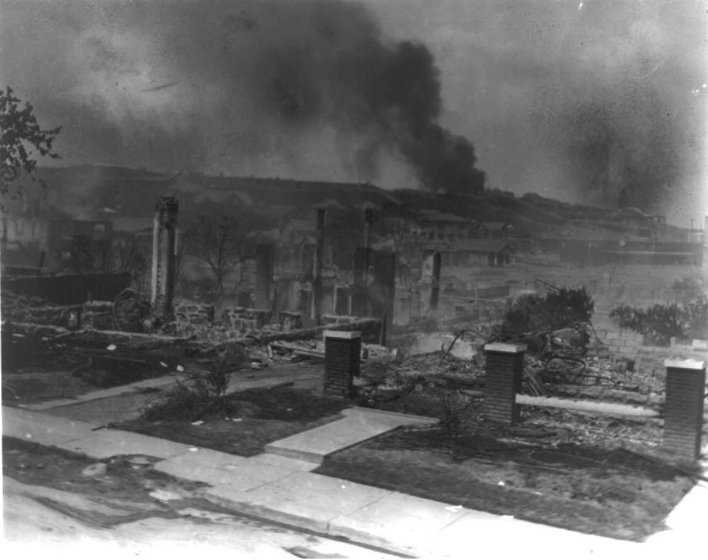 Tulsa Race Massacare Smoldering ruins of African Americans homes following race riots Tulsa Okla 1921